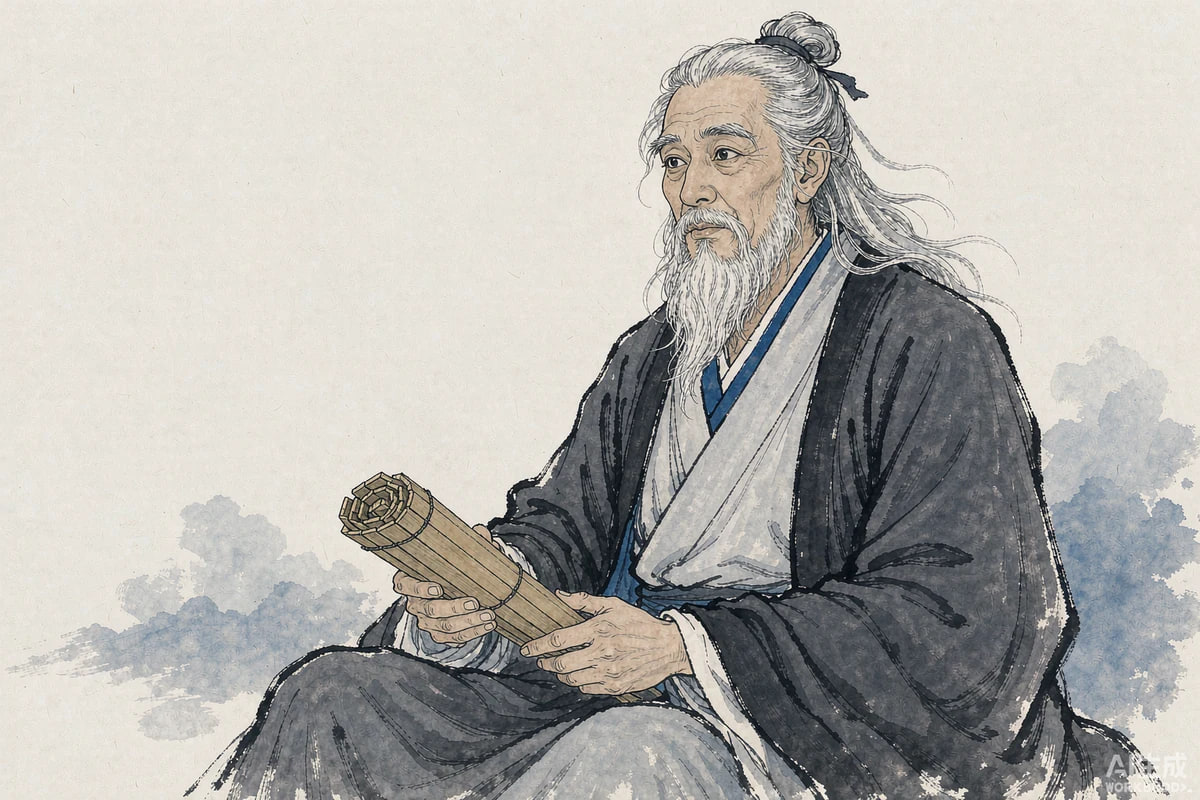 鬼谷子艺术想象图：手持竹简的沉静学者，水墨风格；AI生成，非历史真实肖像