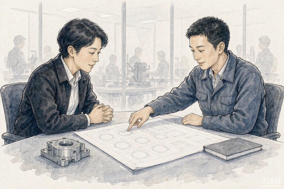 销售顾问与工厂工程师围绕产品图纸交流的制造业沟通情境插画,AI生成,非真实客户案例